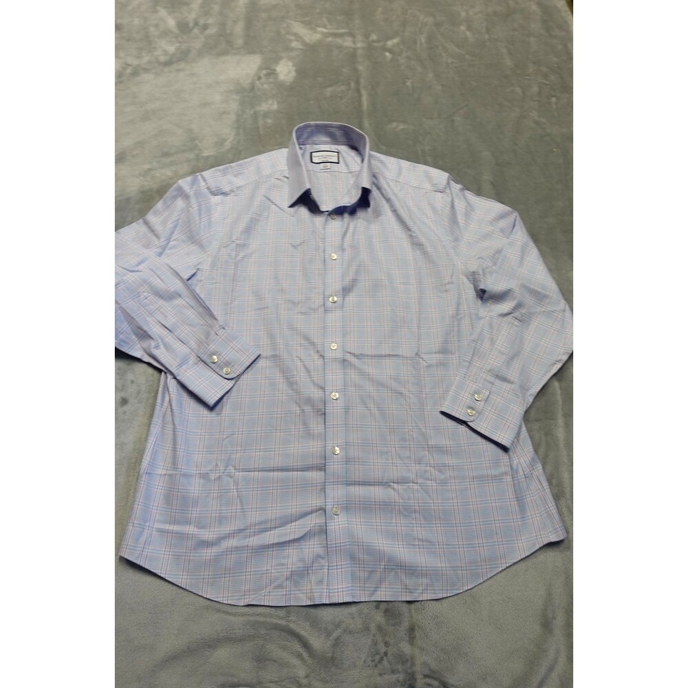 CHARLES TYRWHITT Button Down Plaid Cobalt Blue Non-Iron‎ 17.5x34" Men's Shirt